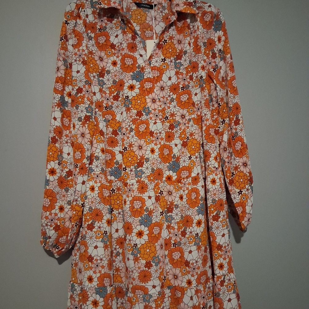 DOKOTOO- Floral Orange Midi Dress with Tiered Skirt - Picture 2 of 9